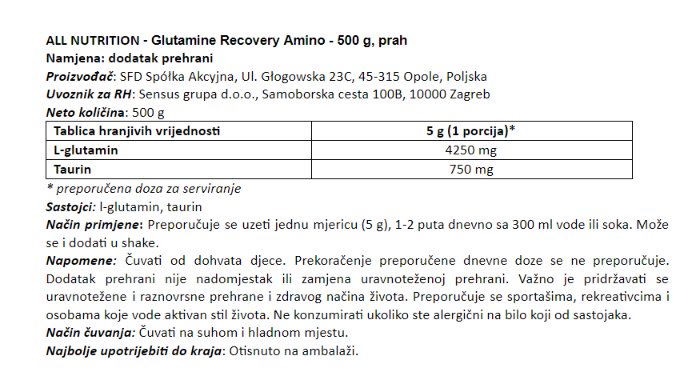 Glutamine Recovery Amino - 500 g
