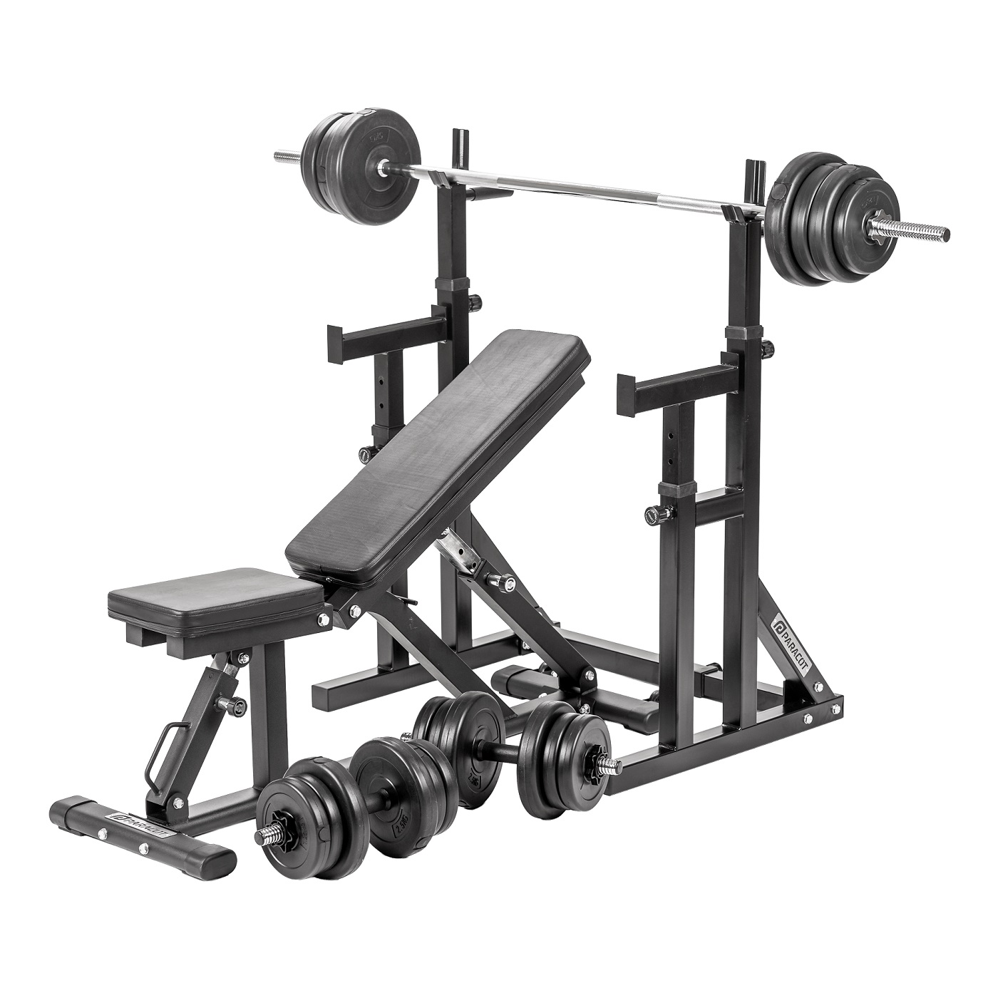 Squat / Dip Adjustable Rack + Univerzalna podesiva klupa + Komplet utega i šipki - 50 kg