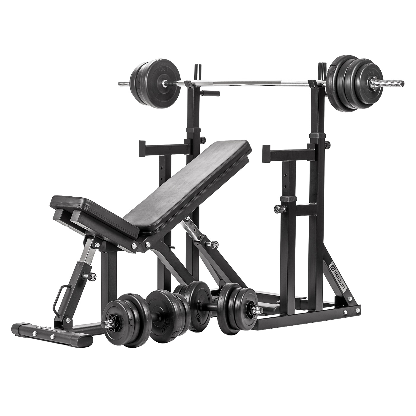 Squat / Dip Adjustable Rack + Univerzalna podesiva klupa + Komplet utega i šipki - 50 kg