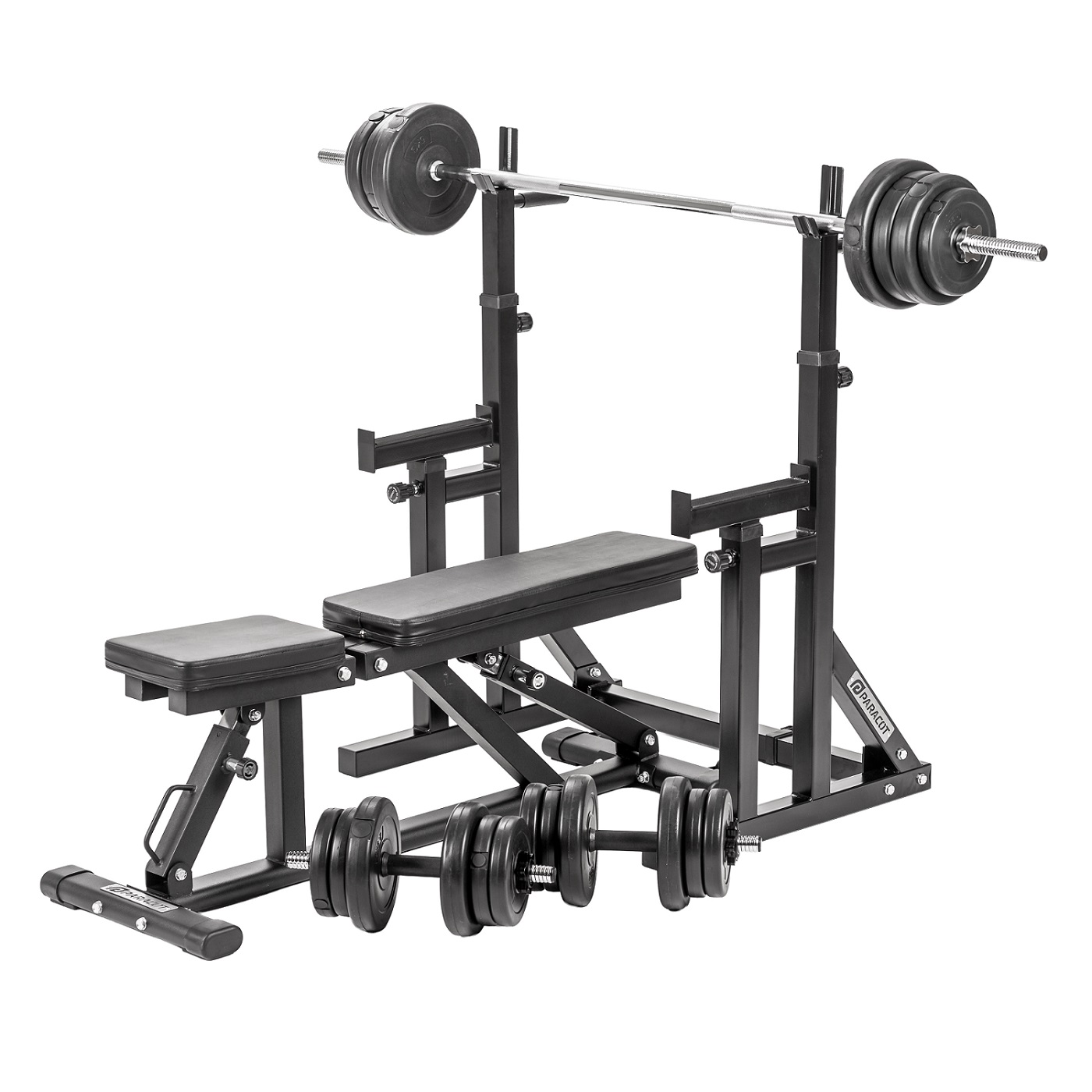 Squat / Dip Adjustable Rack + Univerzalna podesiva klupa + Komplet utega i šipki - 50 kg