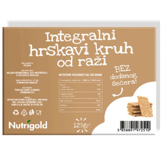 Hrskavi kruh od raži bez dodanog šećera (integralni) - 125 g