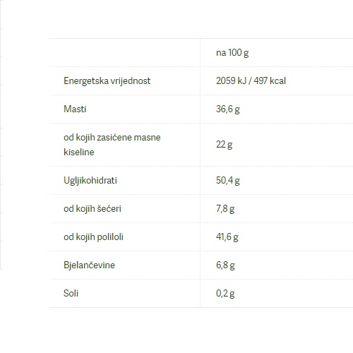 Mliječna čokolada bez dodanog šećera - 100 g