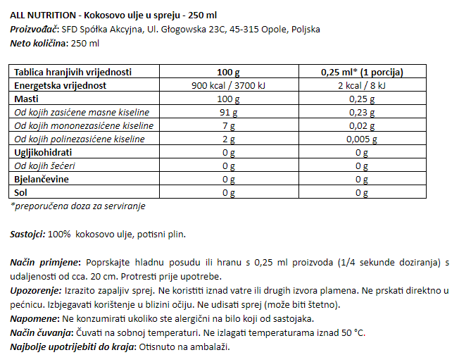 Kokosovo ulje u spreju - 250 ml