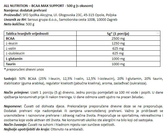BCAA Max Support - 500 g (s okusom)