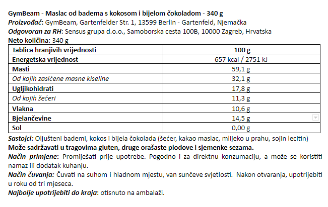 Maslac od badema s kokosom i bijelom čokoladom - 340 g