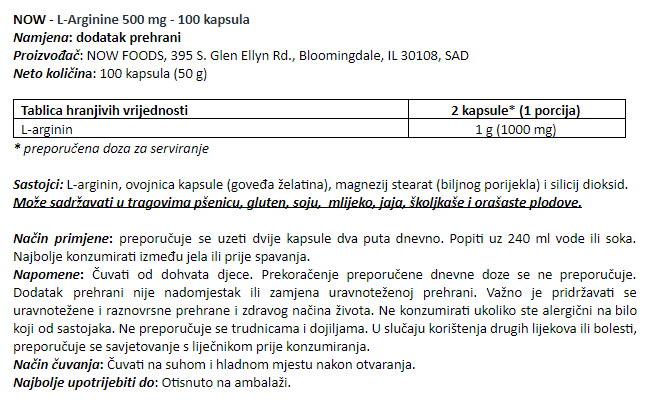L-Arginine 500 mg - 100 kapsula