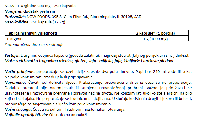 L-Arginine 500 mg - 250 kapsula